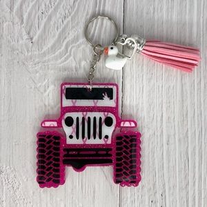 4x4 Off Road Pink Ribbon Awareness Glitter Keychain Backpack Purse Luggage Tag